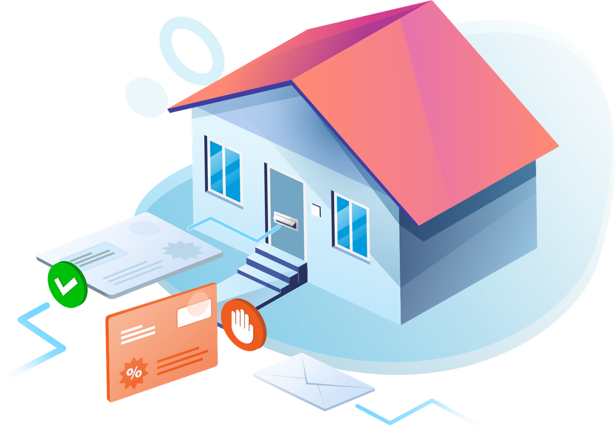 Illustratie: een woning met een brievenbus. Eén poststuk is toegestaan en gemarkeerd met een groen vinkje, een reclamestuk is geweigerd en gemarkeerd met een stophand.