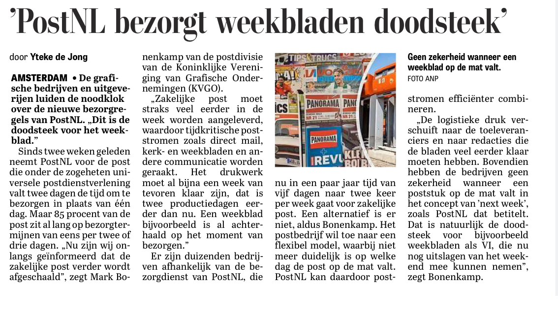 Uitsnede van het artikel in De Financiële Telegraaf over de afschaling van de zakelijke postbezorging.