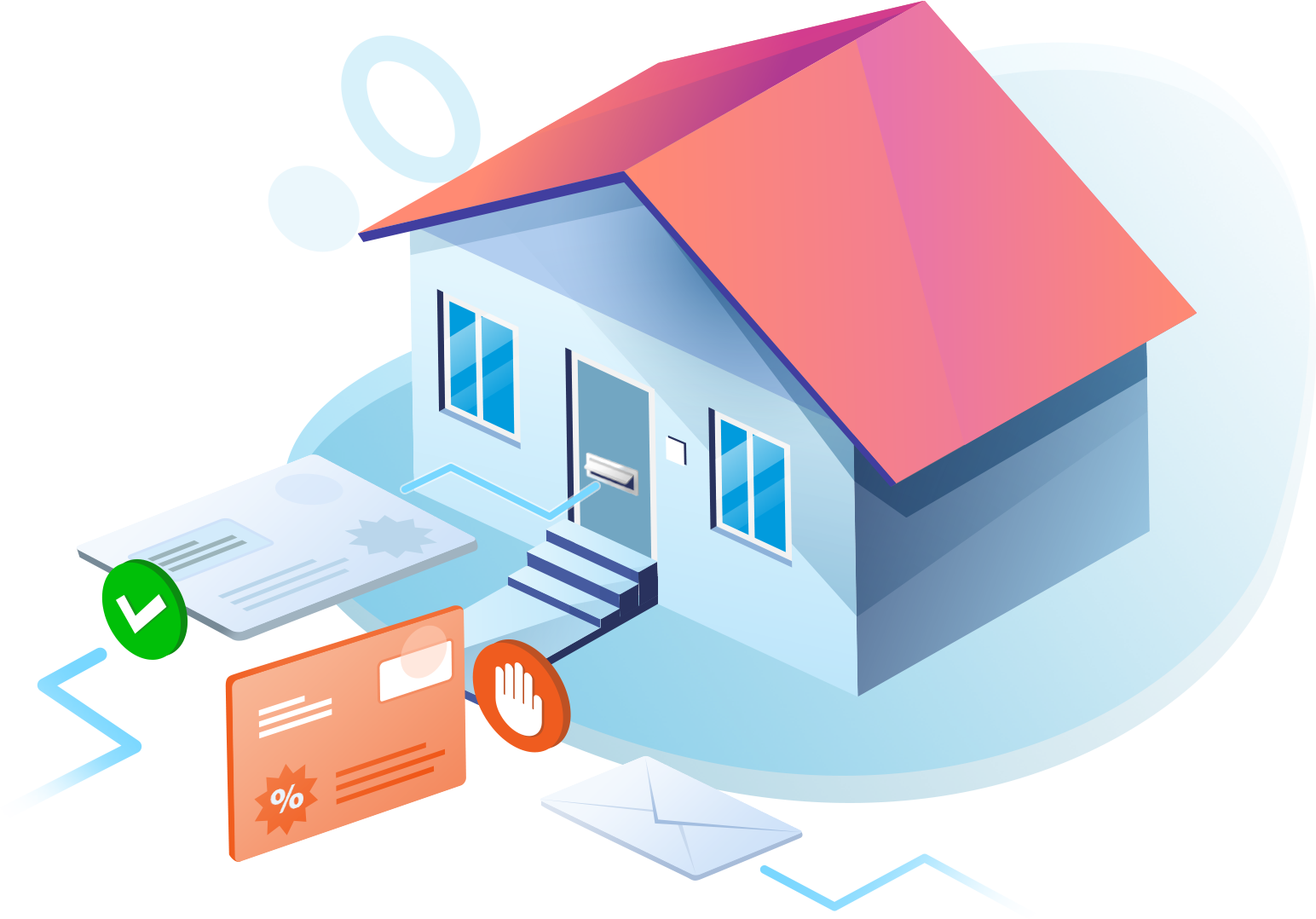 Illustratie: een woning met een brievenbus. Eén poststuk is toegestaan en gemarkeerd met een groen vinkje, een reclamestuk is geweigerd en gemarkeerd met een stophand.
